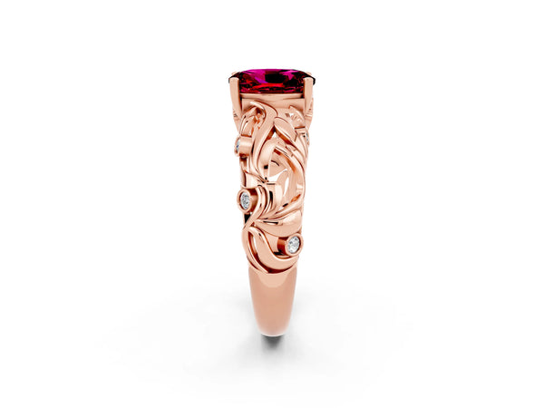 Rose gold Oval Cut Solitaire Garnet Leaf-Inspired Vine Band Ring with Prong Setting