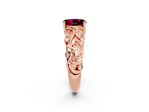 Rose gold Oval Cut Solitaire Garnet Leaf-Inspired Vine Band Ring with Prong Setting_2