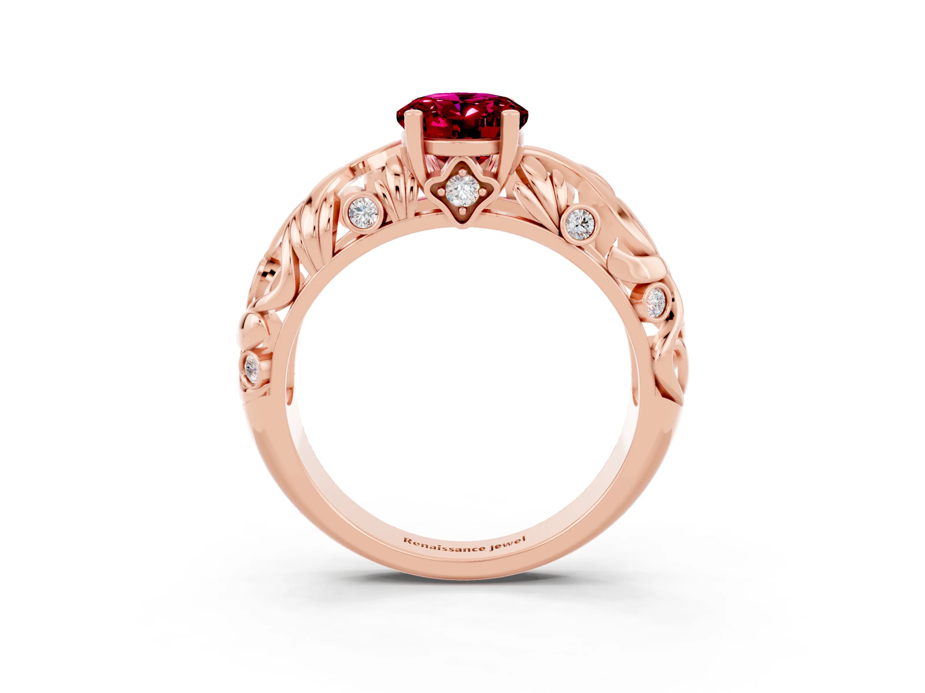 Rose gold Oval Cut Solitaire Garnet Leaf-Inspired Vine Band Ring with Prong Setting_3