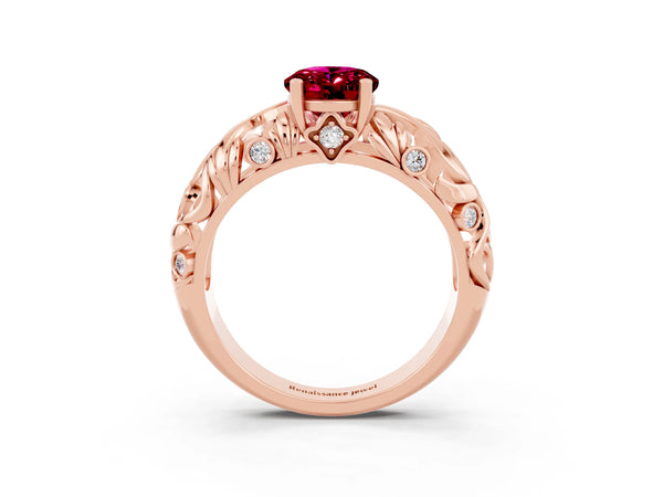 Rose gold Oval Cut Solitaire Garnet Leaf-Inspired Vine Band Ring with Prong Setting