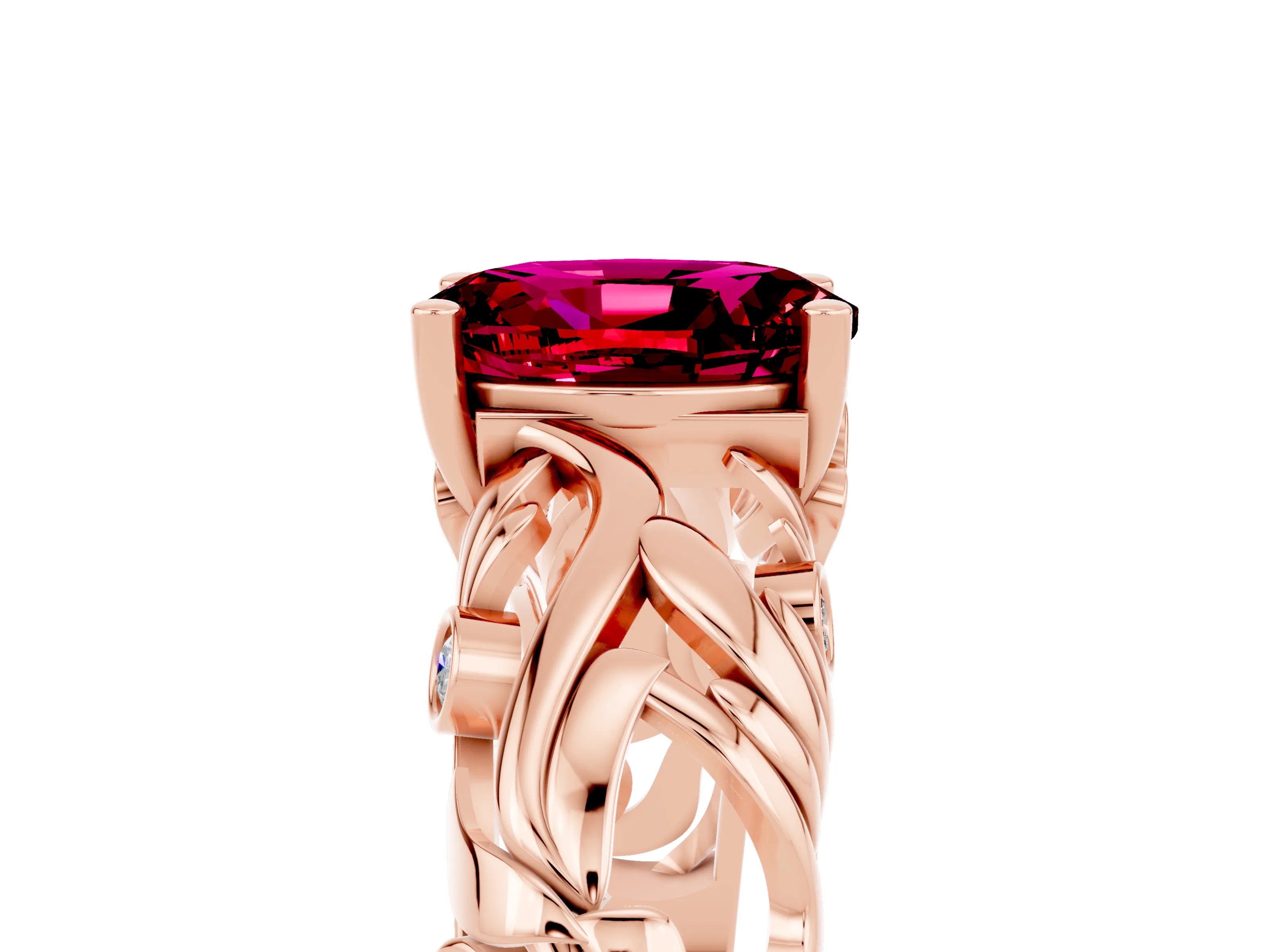 Rose gold Oval Cut Solitaire Garnet Leaf-Inspired Vine Band Ring with Prong Setting_5