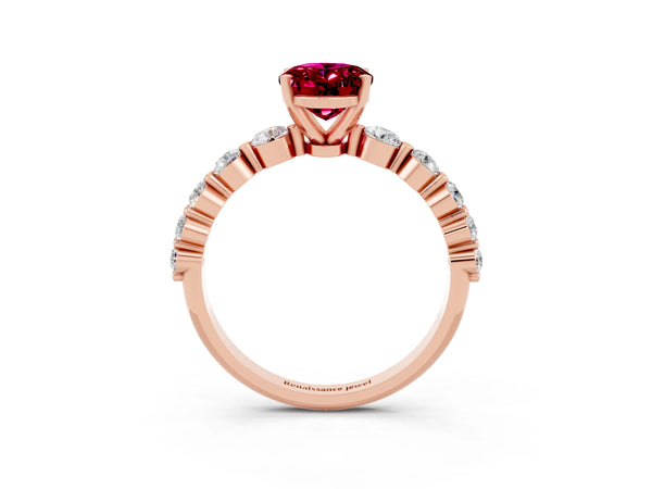 Rose gold Oval Cut Solitaire Garnet Ring with Pave Band and Four-Prong Setting