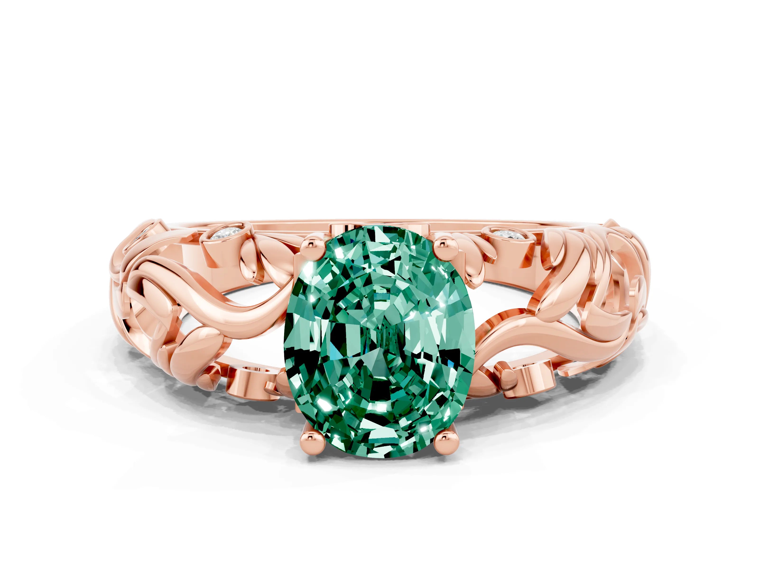 Rose gold Oval Cut Solitaire Green Sapphire Leaf-Inspired Vine Band Ring with Prong Setting