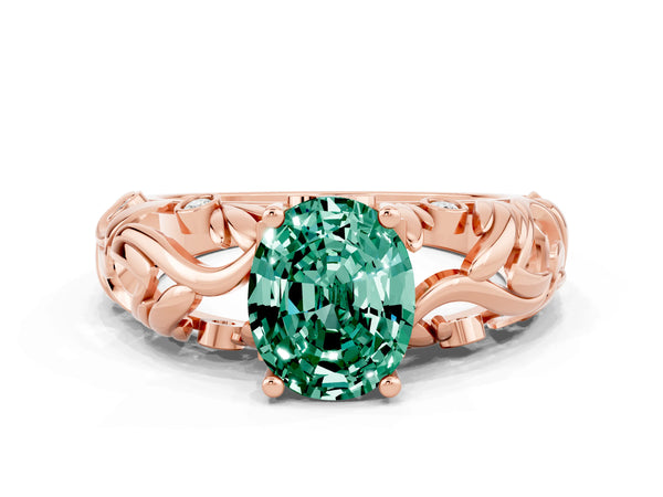 Rose gold Oval Cut Solitaire Green Sapphire Leaf-Inspired Vine Band Ring with Prong Setting