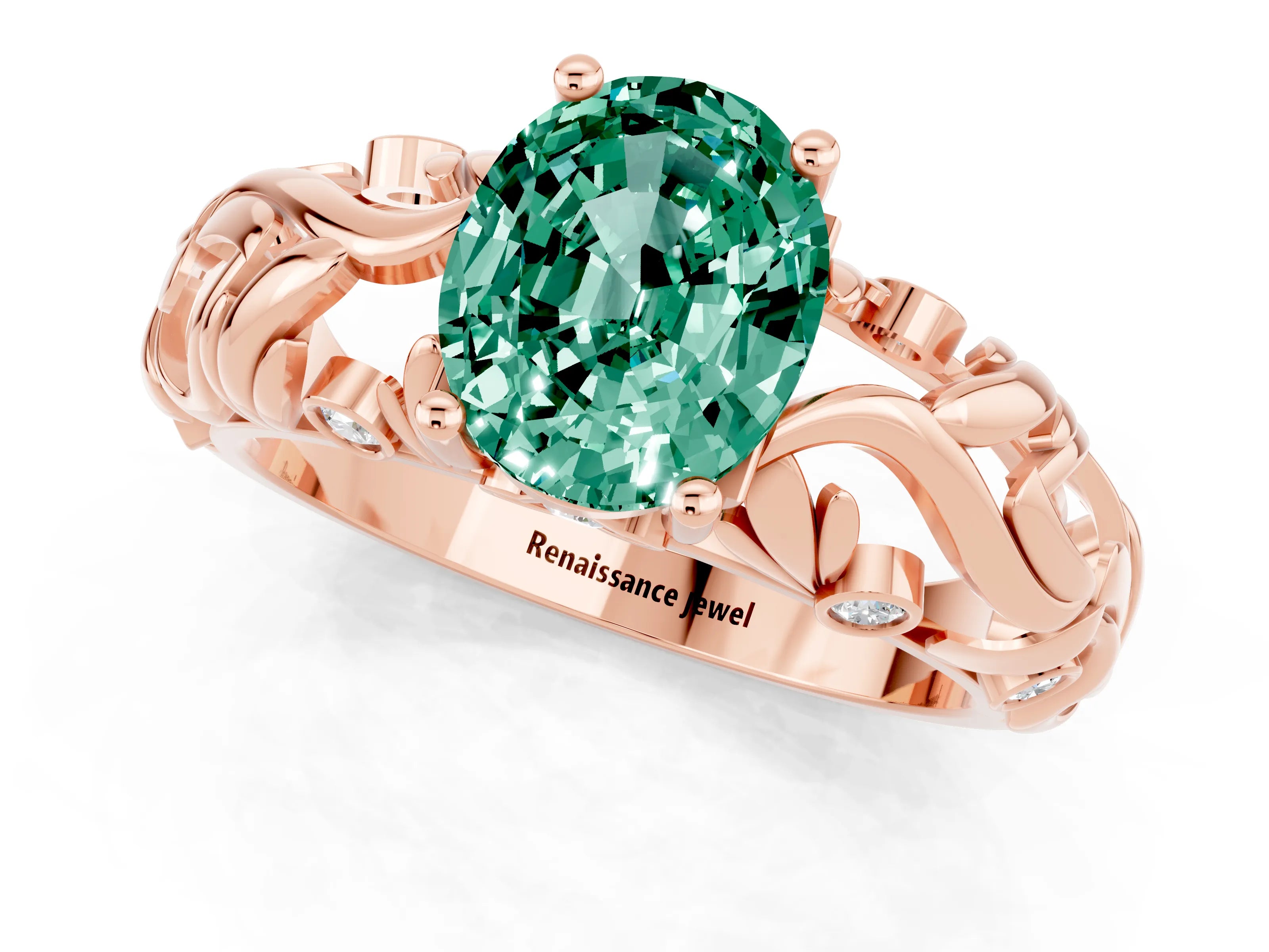 Rose gold Oval Cut Solitaire Green Sapphire Leaf-Inspired Vine Band Ring with Prong Setting_1