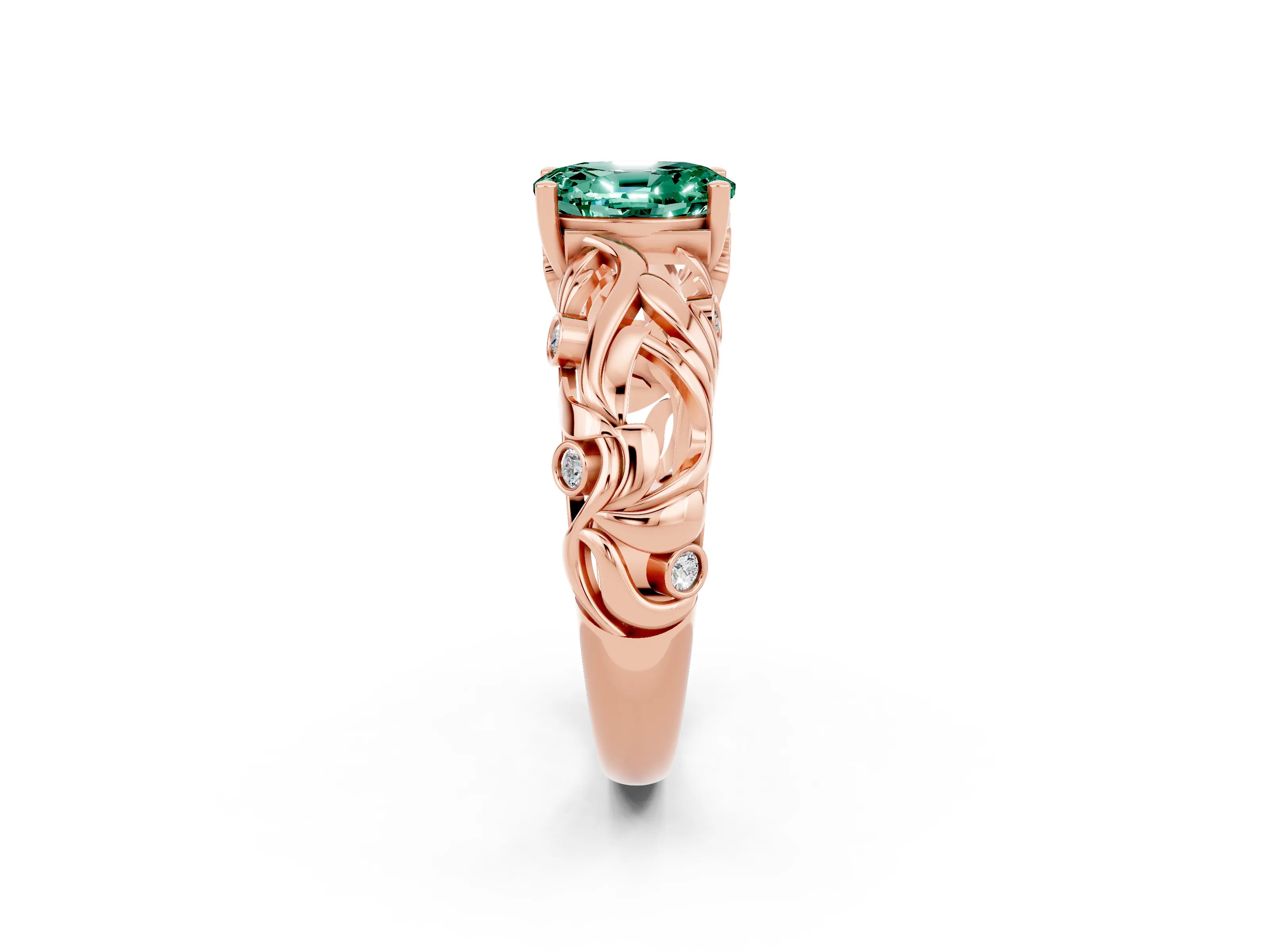 Rose gold Oval Cut Solitaire Green Sapphire Leaf-Inspired Vine Band Ring with Prong Setting_2