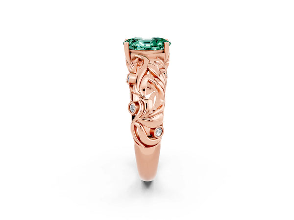 Rose gold Oval Cut Solitaire Green Sapphire Leaf-Inspired Vine Band Ring with Prong Setting