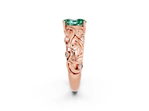 Rose gold Oval Cut Solitaire Green Sapphire Leaf-Inspired Vine Band Ring with Prong Setting_2