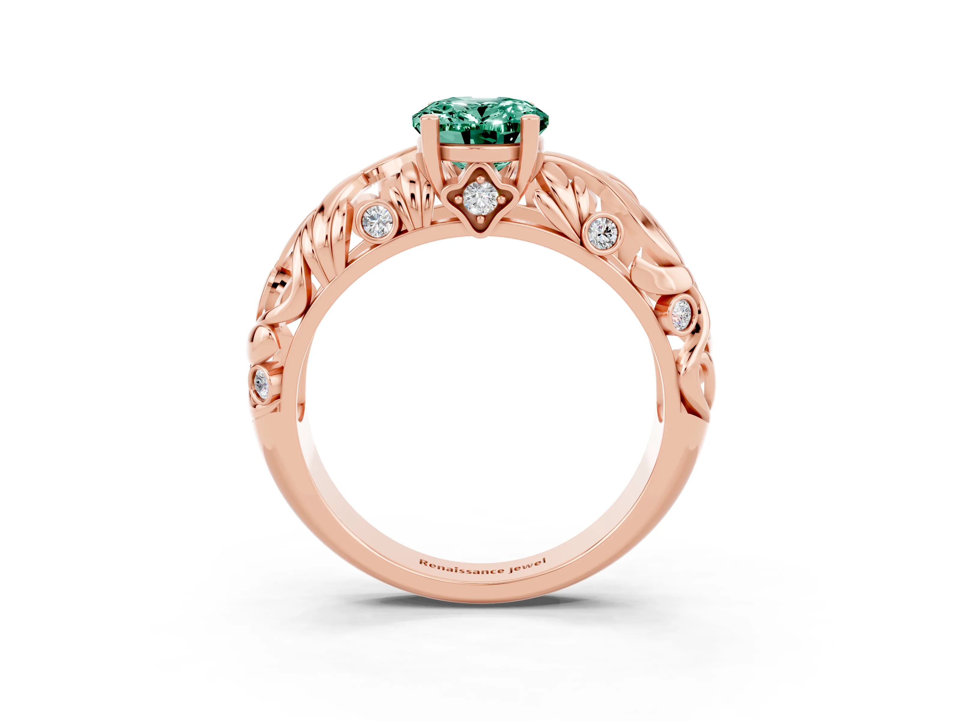 Rose gold Oval Cut Solitaire Green Sapphire Leaf-Inspired Vine Band Ring with Prong Setting_3