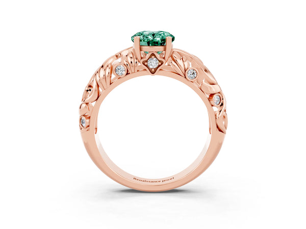 Rose gold Oval Cut Solitaire Green Sapphire Leaf-Inspired Vine Band Ring with Prong Setting