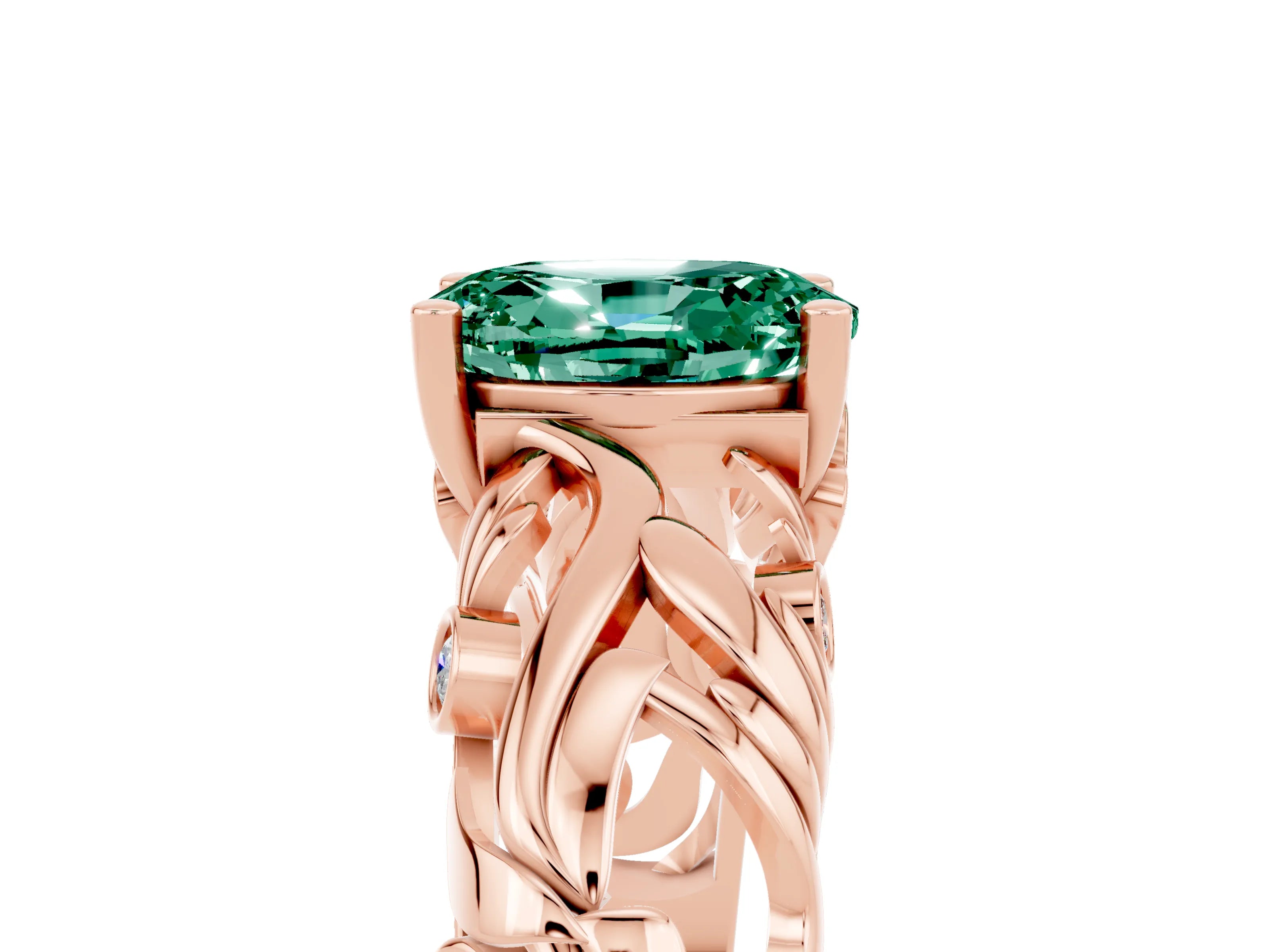 Rose gold Oval Cut Solitaire Green Sapphire Leaf-Inspired Vine Band Ring with Prong Setting_5