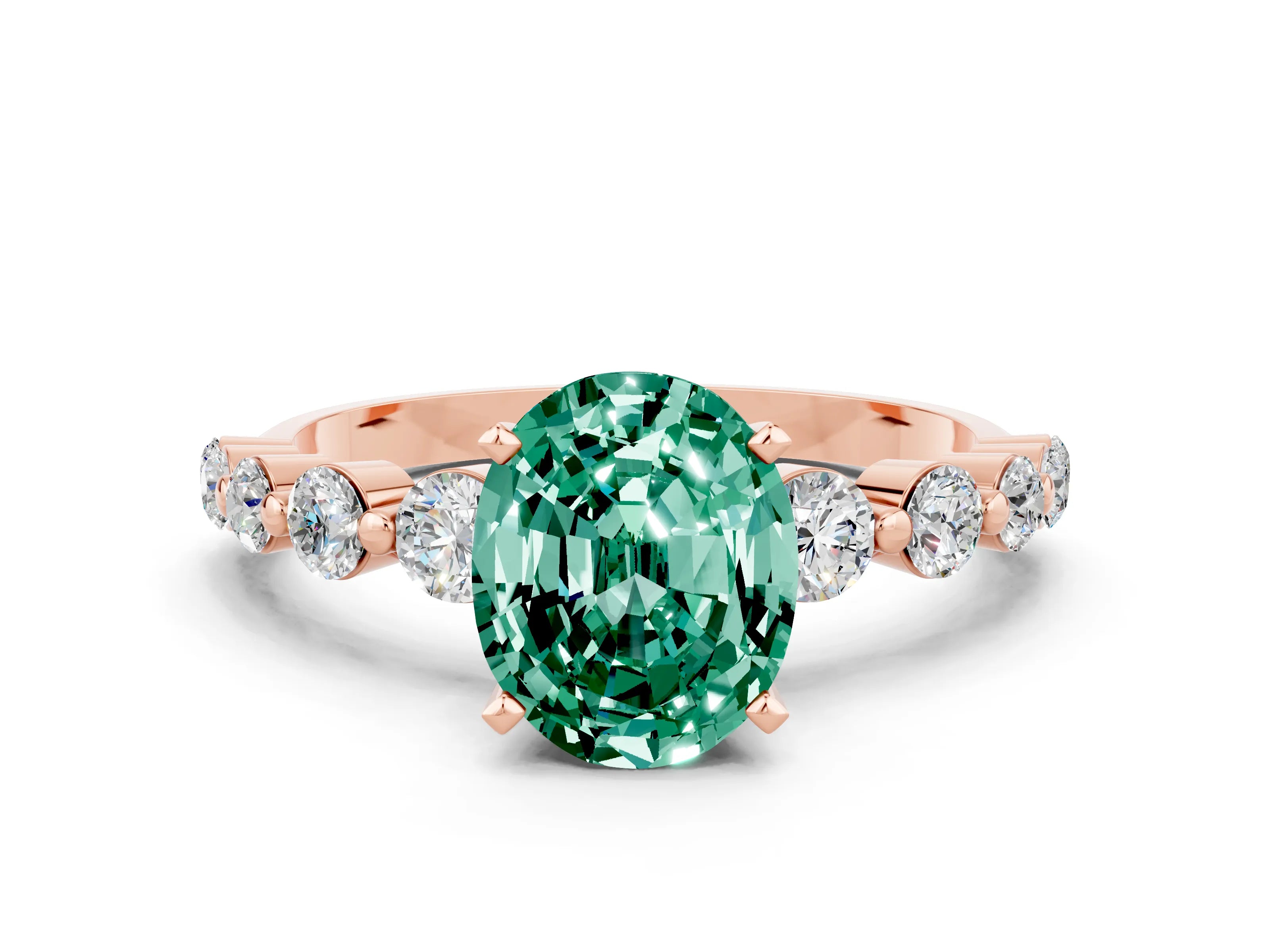 Rose gold Oval Cut Solitaire Green Sapphire Ring with Pave Band and Four-Prong Setting