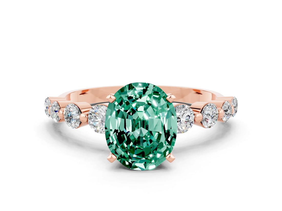 Rose gold Oval Cut Solitaire Green Sapphire Ring with Pave Band and Four-Prong Setting