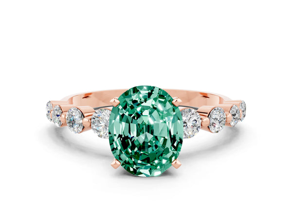 Rose gold Oval Cut Solitaire Green Sapphire Ring with Pave Band and Four-Prong Setting