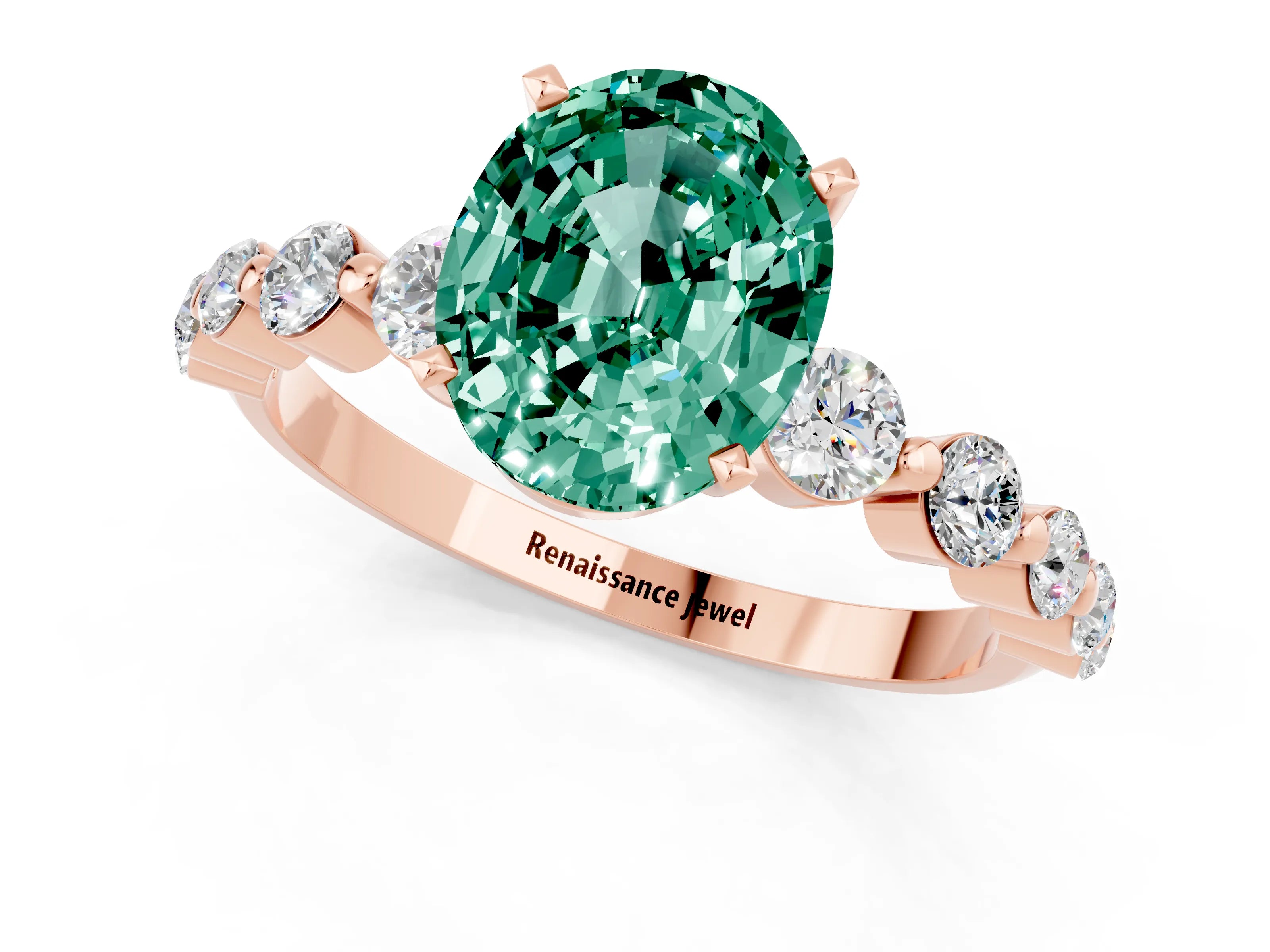 Rose gold Oval Cut Solitaire Green Sapphire Ring with Pave Band and Four-Prong Setting_1