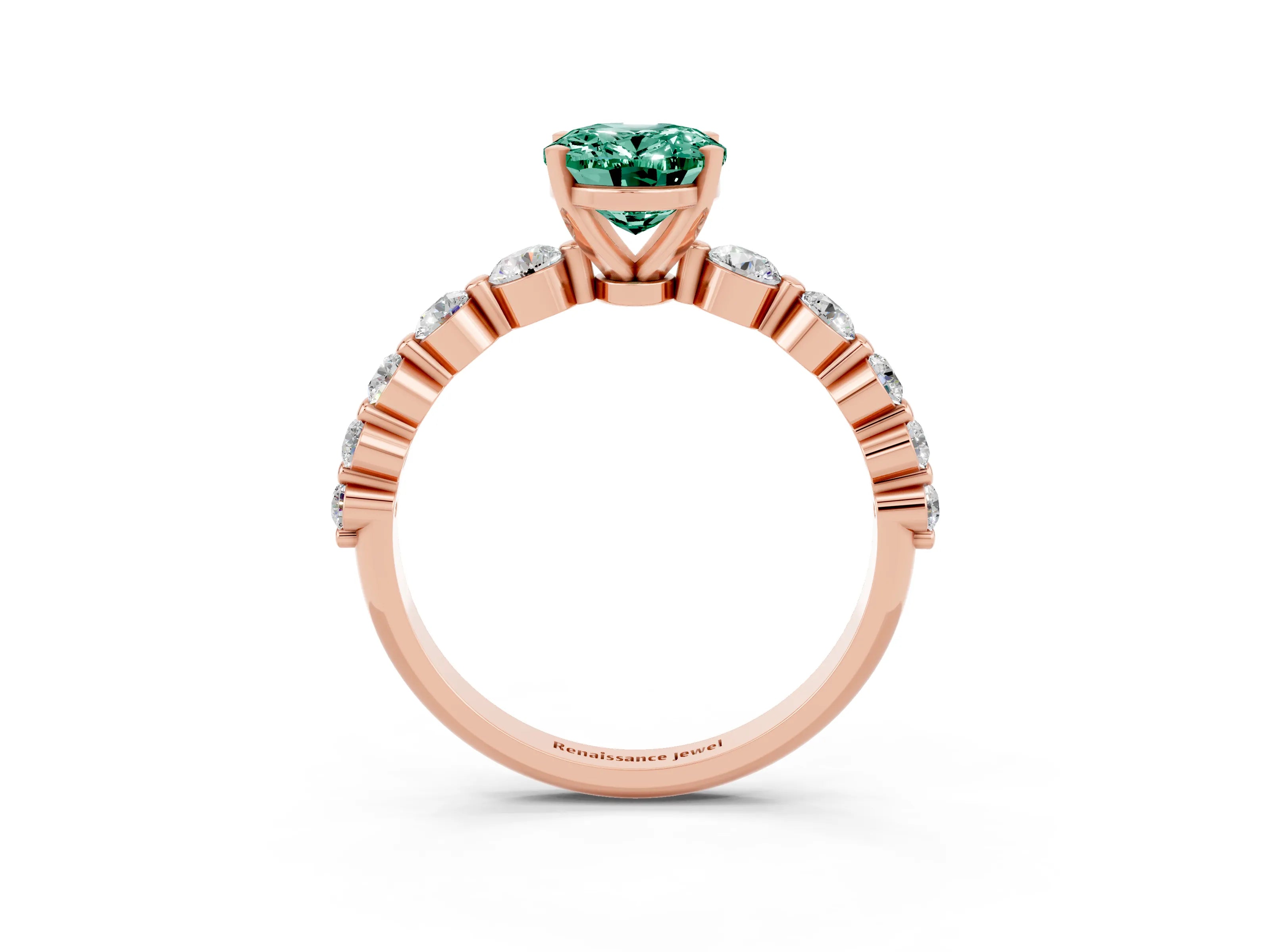 Rose gold Oval Cut Solitaire Green Sapphire Ring with Pave Band and Four-Prong Setting_3