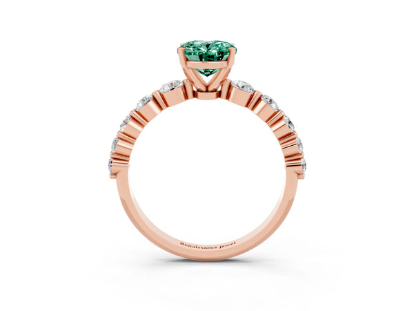 Rose gold Oval Cut Solitaire Green Sapphire Ring with Pave Band and Four-Prong Setting