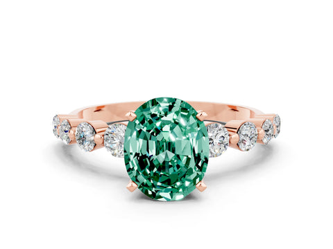 Rose gold Oval Cut Solitaire Green Sapphire Ring with Pave Band and Four-Prong Setting