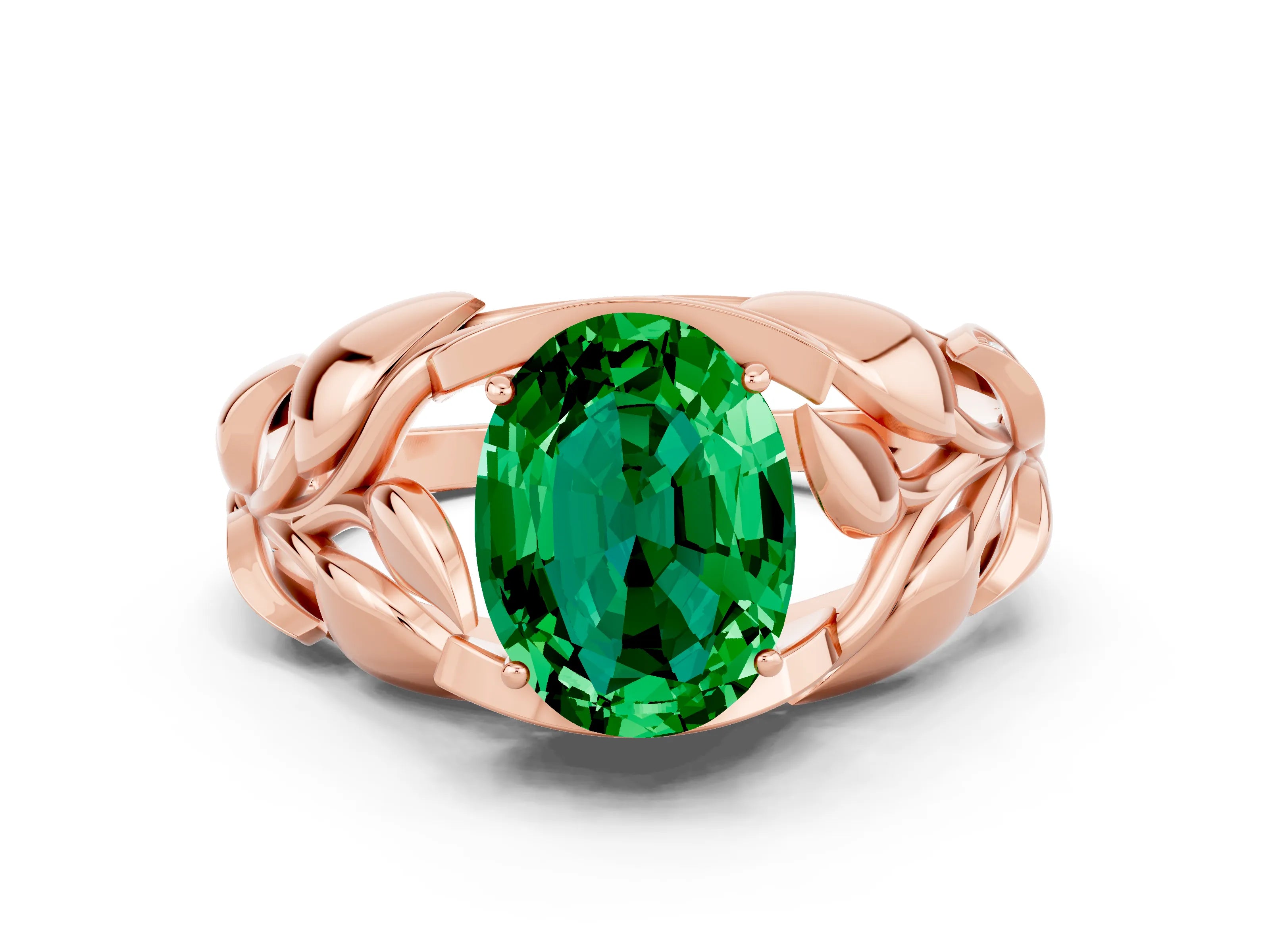 Rose gold Oval Cut Solitaire Leaf-Inspired Engagement Ring with Prong Setting