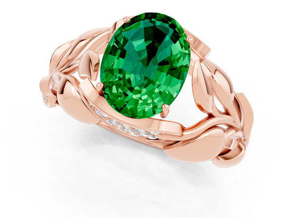 Rose gold Oval Cut Emerald Leaf-Inspired Engagement Ring with Round Accents and Prong Setting