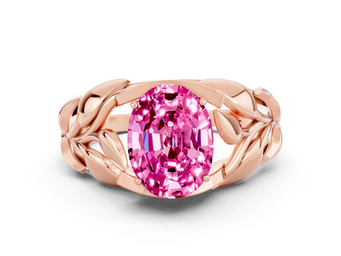 Rose gold Oval Cut Solitaire Leaf-Inspired Engagement Ring with Prong Setting