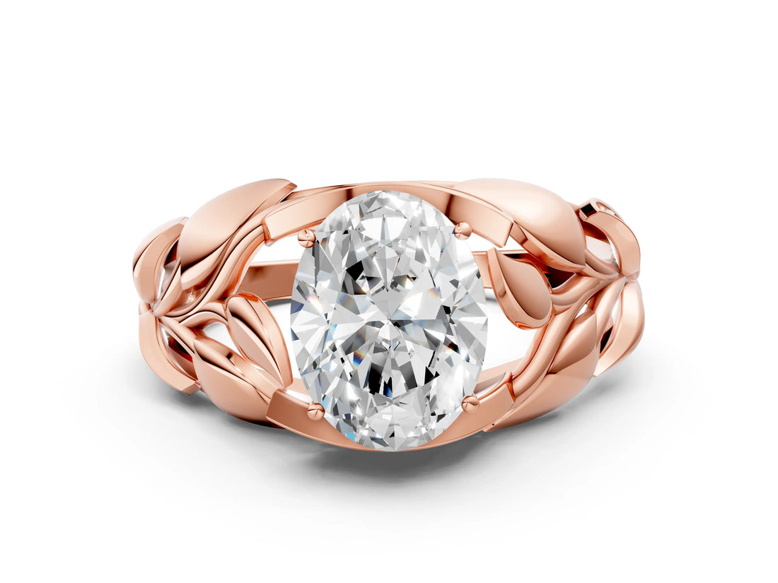 Rose gold Oval Cut Solitaire Leaf-Inspired Engagement Ring with Prong Setting_19
