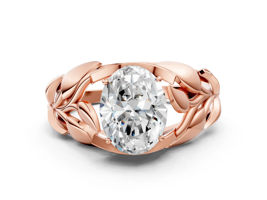 Rose gold Oval Cut Solitaire Leaf-Inspired Engagement Ring with Prong Setting