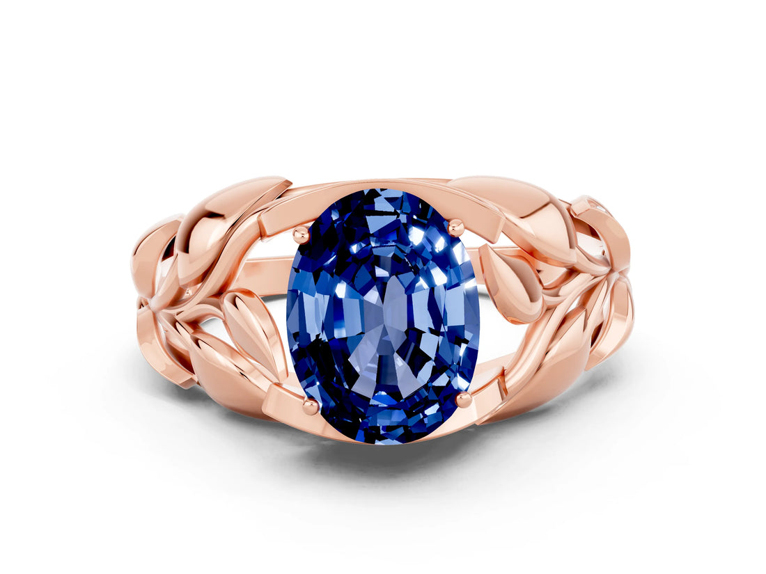 Rose gold Oval Cut Solitaire Leaf-Inspired Engagement Ring with Prong Setting