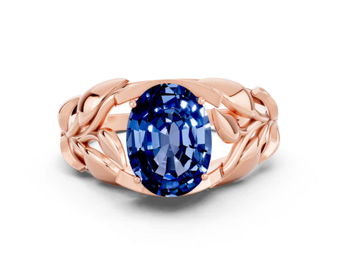 Rose gold Oval Cut Solitaire Leaf-Inspired Engagement Ring with Prong Setting