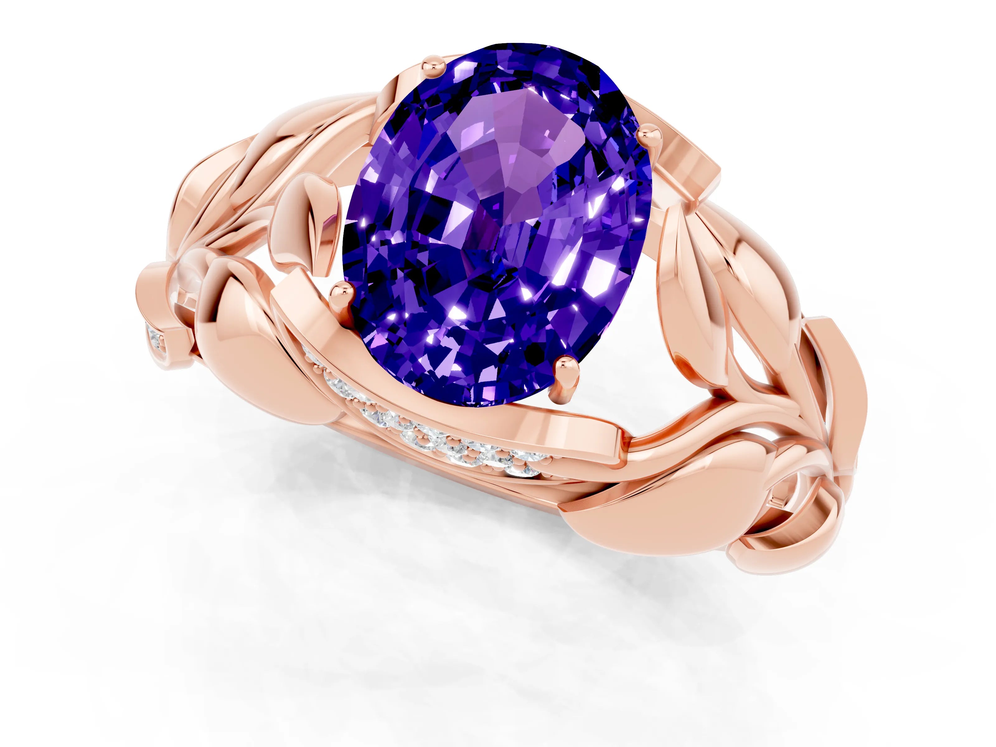 Rose gold Oval Cut Solitaire Leaf-Inspired Engagement Ring with Prong Setting_1