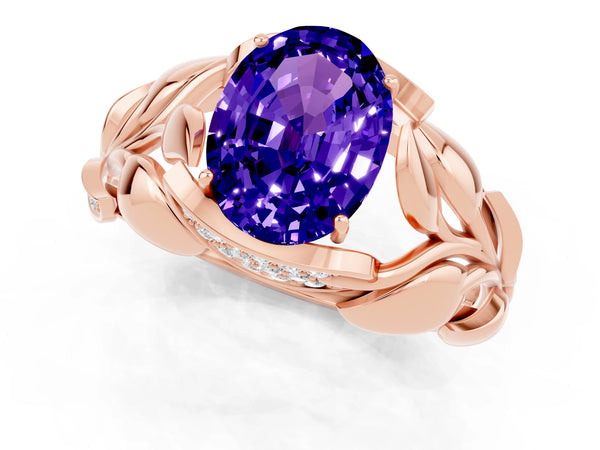 Rose gold Oval Cut Tanzanite Leaf-Inspired Engagement Ring with Round Accents and Prong Setting