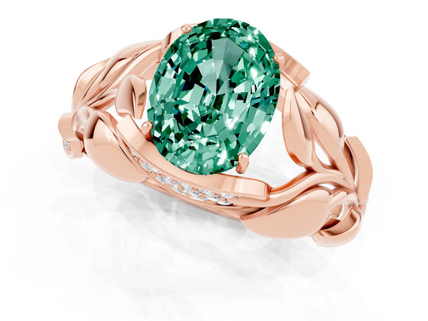Rose gold Oval Cut Green Sapphire Leaf-Inspired Engagement Ring with Round Accents and Prong Setting