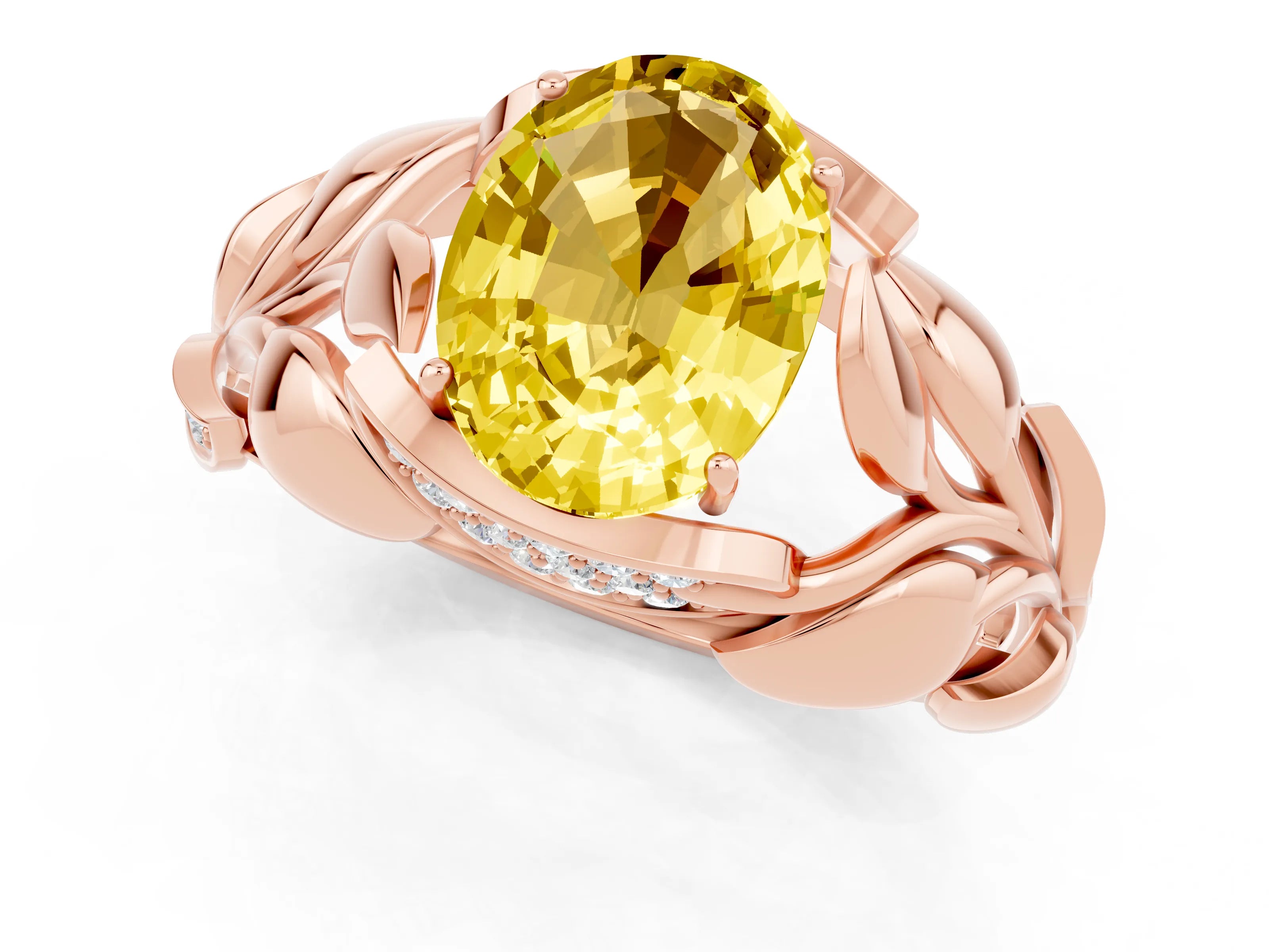 Rose gold Oval Cut Solitaire Leaf-Inspired Engagement Ring with Prong Setting_1