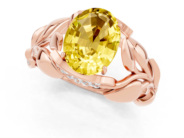 Rose gold Oval Cut Yellow Sapphire Leaf-Inspired Engagement Ring with Round Accents and Prong Setting