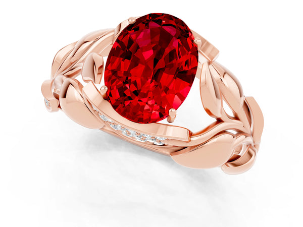 Rose gold Oval Cut Ruby Leaf-Inspired Engagement Ring with Round Accents and Prong Setting
