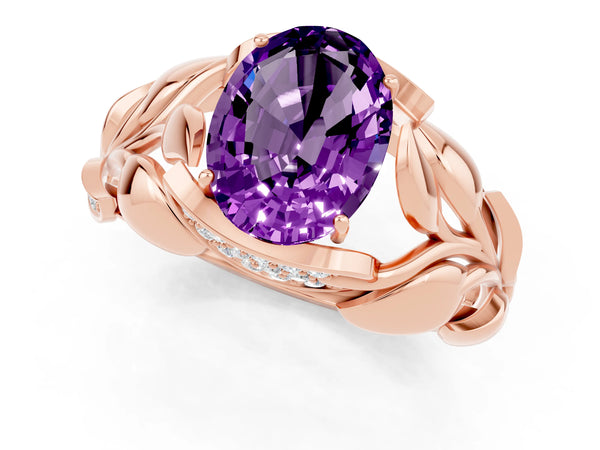 Rose gold Oval Cut Amethyst Leaf-Inspired Engagement Ring with Round Accents and Prong Setting