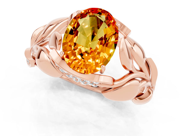 Rose gold Oval Cut Citrine Leaf-Inspired Engagement Ring with Round Accents and Prong Setting