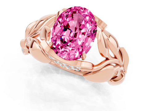Rose gold Oval Cut Solitaire Leaf-Inspired Engagement Ring with Prong Setting_1
