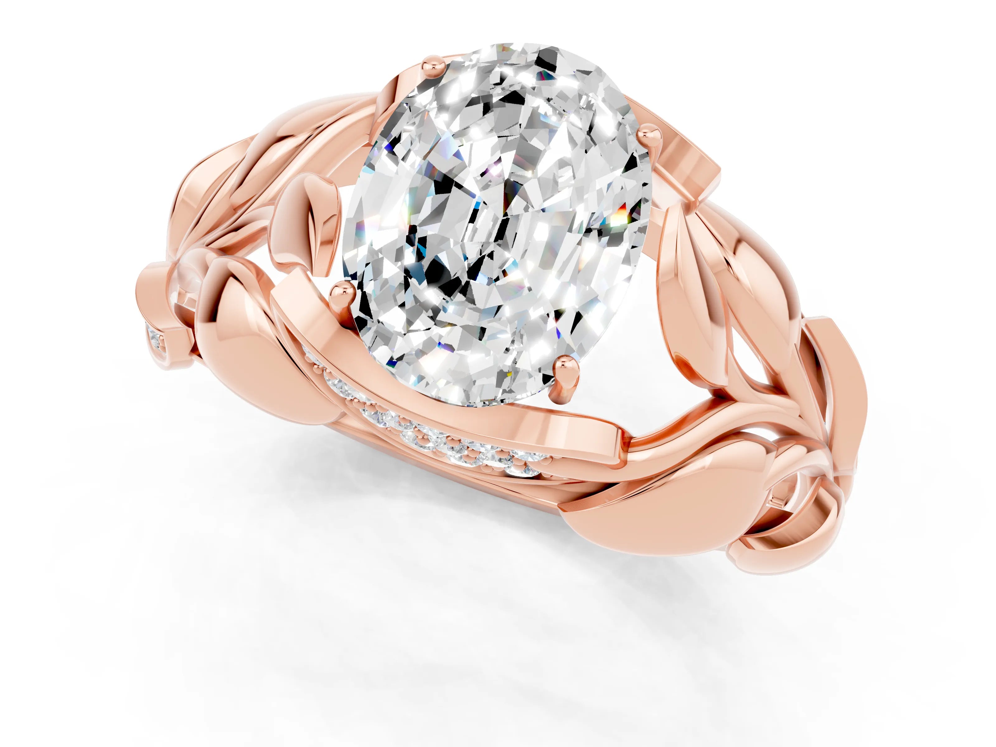 Rose gold Oval Cut Solitaire Leaf-Inspired Engagement Ring with Prong Setting_1