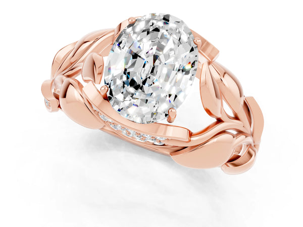 Rose gold Oval Cut Moissanite Leaf-Inspired Engagement Ring with Round Accents and Prong Setting