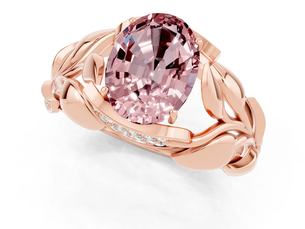 Rose gold Oval Cut Solitaire Leaf-Inspired Engagement Ring with Prong Setting