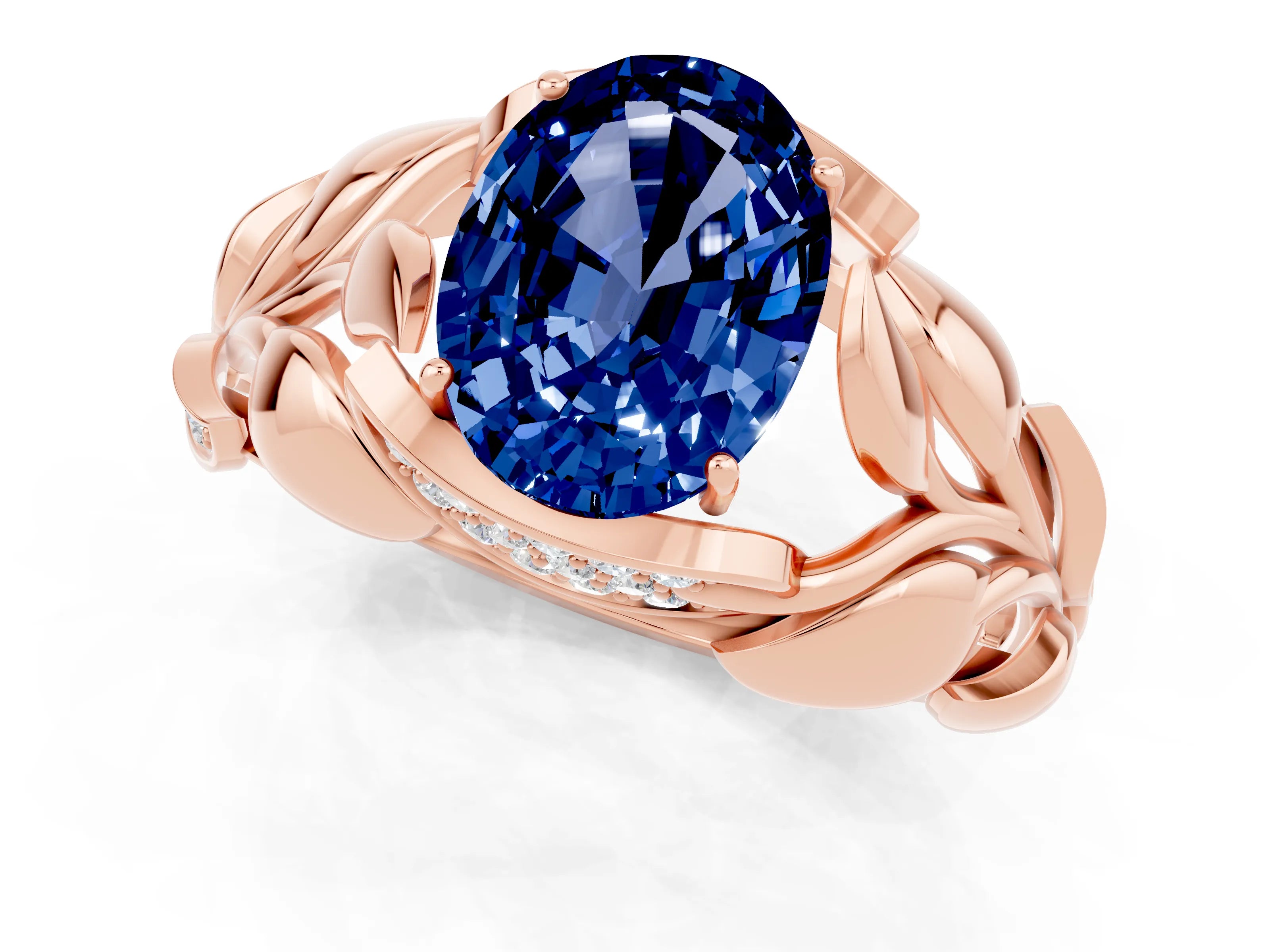 Rose gold Oval Cut Solitaire Leaf-Inspired Engagement Ring with Prong Setting_1