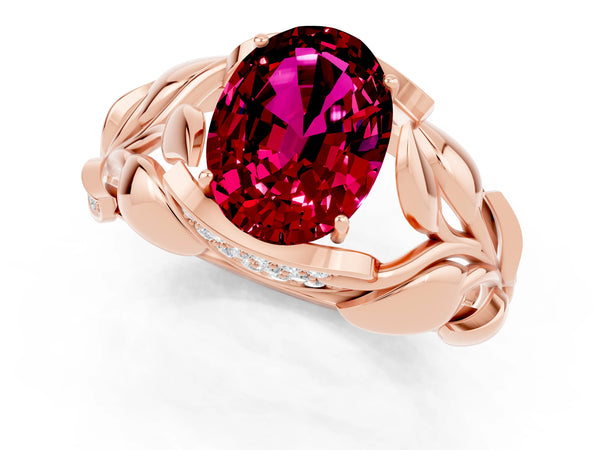 Rose gold Oval Cut Garnet Leaf-Inspired Engagement Ring with Round Accents and Prong Setting