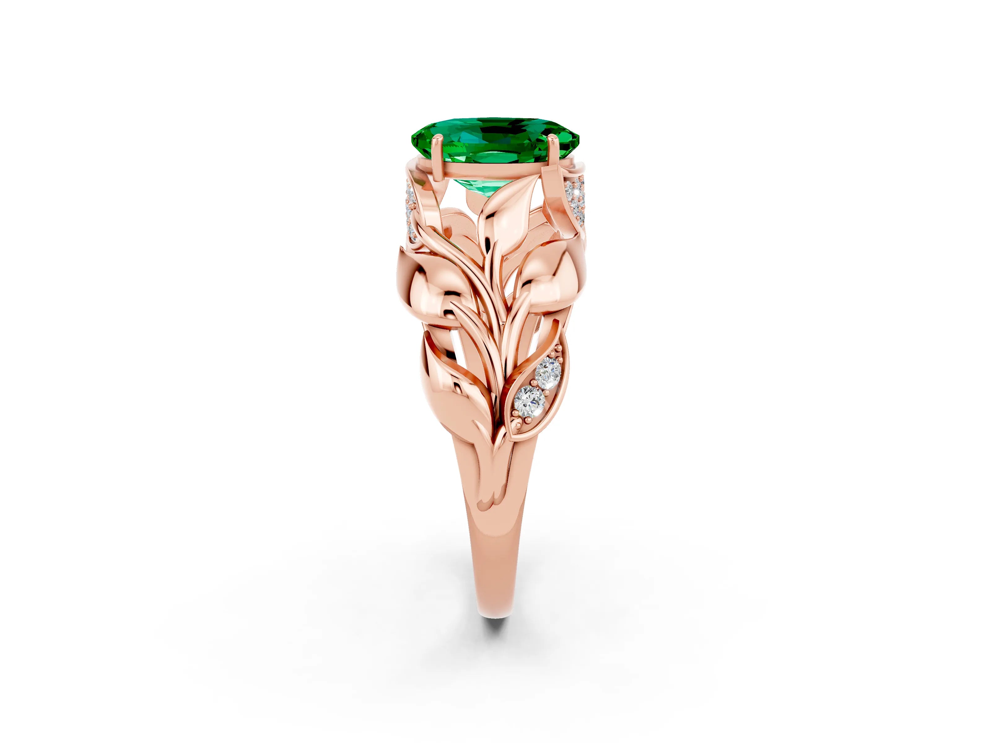 Rose gold Oval Cut Solitaire Leaf-Inspired Engagement Ring with Prong Setting_2
