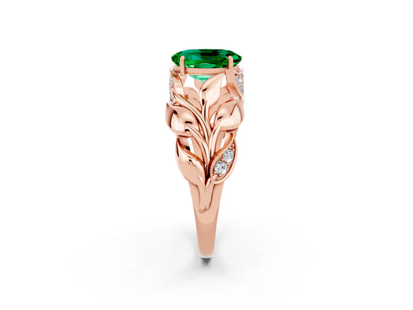 Rose gold Oval Cut Emerald Leaf-Inspired Engagement Ring with Round Accents and Prong Setting