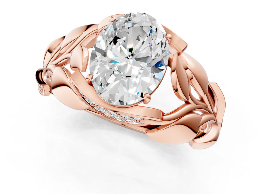 Rose gold Oval Cut Solitaire Leaf-Inspired Engagement Ring with Prong Setting