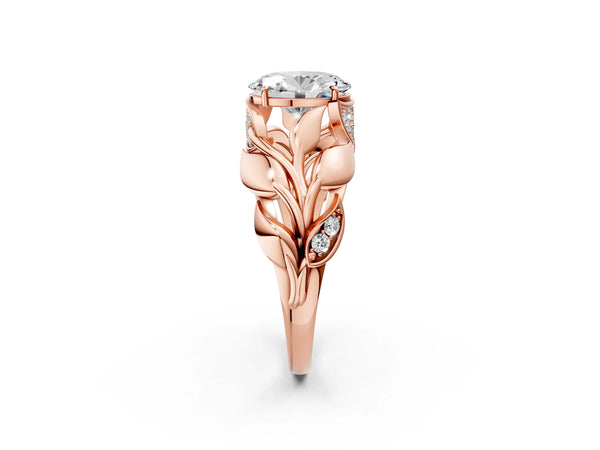Rose gold Oval Cut Solitaire Leaf-Inspired Engagement Ring with Prong Setting