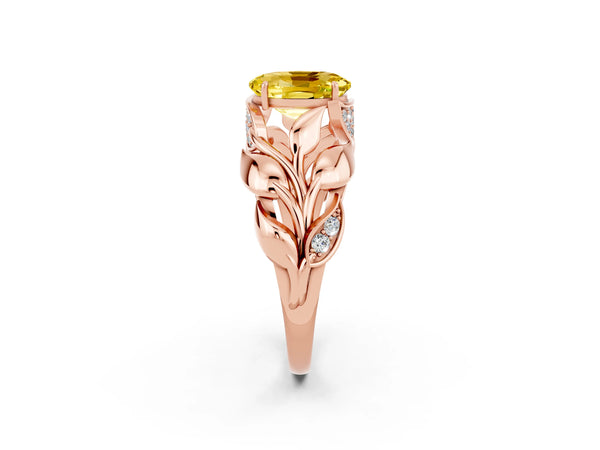 Rose gold Oval Cut Yellow Sapphire Leaf-Inspired Engagement Ring with Round Accents and Prong Setting