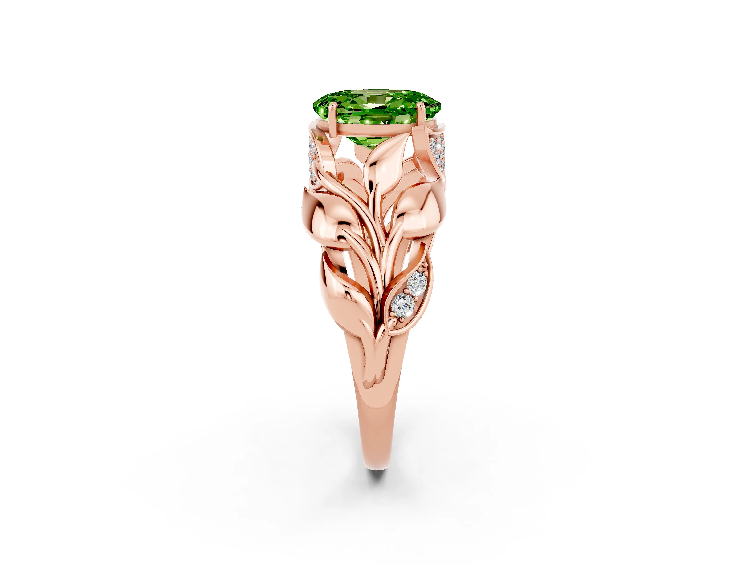 Rose gold Oval Cut Solitaire Leaf-Inspired Engagement Ring with Prong Setting_2