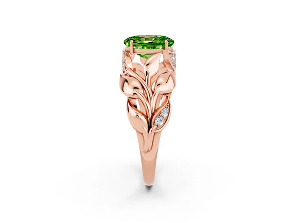 Rose gold Oval Cut Solitaire Leaf-Inspired Engagement Ring with Prong Setting